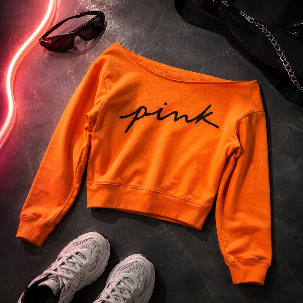 PINK Victoria’s Secret Neon Orange Off Shoulder Cropped Sweatshirt Size XS